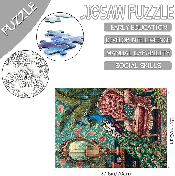 Jungle Peacock on Sofa Art Jigsaw Puzzles for Adults 1000 Pieces,Wild Animals Boho Jigsaw Puzzle 20 x 27 in Colorful DIY Puzzles for Home Decoration Gifts,Family Challenging Perfect for Game Nights