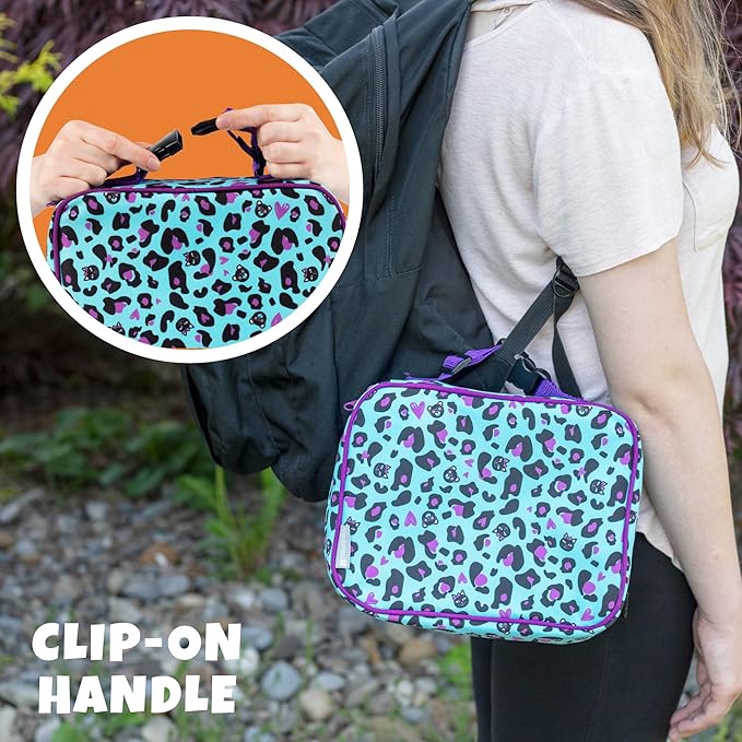 Bentology Kids Lunch Bag Set w Matching Reusable Food Jar & Hard Ice Pack- Cheetah- Insulated Tote, Stainless Steel thermos & Freezer Pack to Keeps Food Fresh for Hours- Back to School Lunch Box Kits