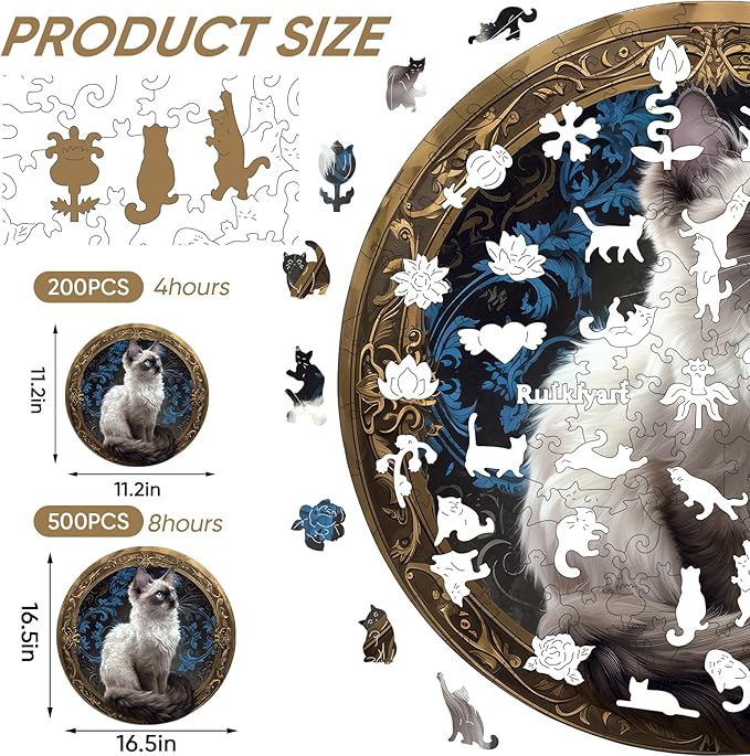 Ruikiyart Wooden Puzzles for Adults, 5MM 500 Pieces Siamese Cat Jigsaw Puzzles, Unique Shapes Pieces Gift for Kids and Adults on Birthday, Thanksgiving, Christmas (16.7"x16.7")