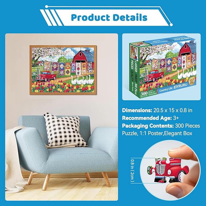 300 Piece Jigsaw Puzzle for Adults – Springtime Farmyard Delight with Quilts & Tulips– Challenging and Relaxing Puzzle for Game Nights, Gifts & Home Décor (20.5" × 15")