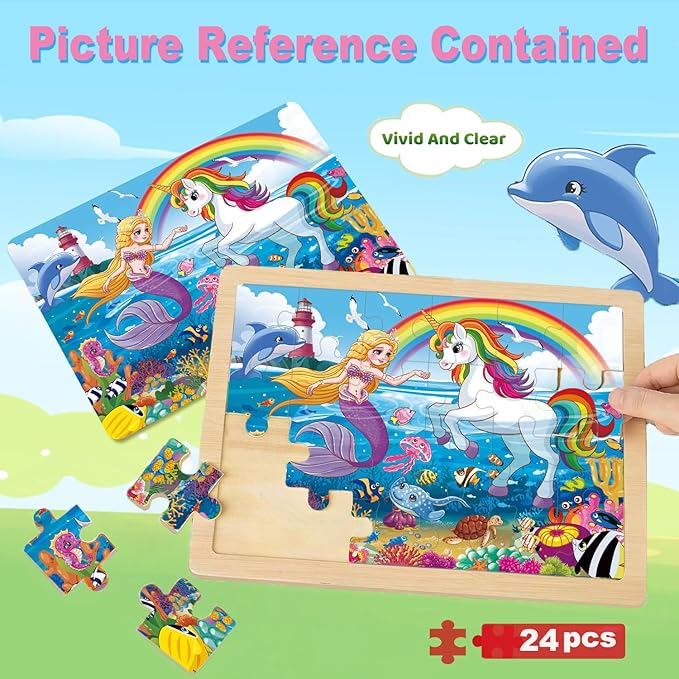 Wooden Puzzles for Kids Ages 4-6, 4 Packs 24 PCs Unicorn Mermaid Princess Jigsaw Puzzles, Preschool Educational Puzzles Toys Gifts for Girls 3 4 5 6 Years Old.
