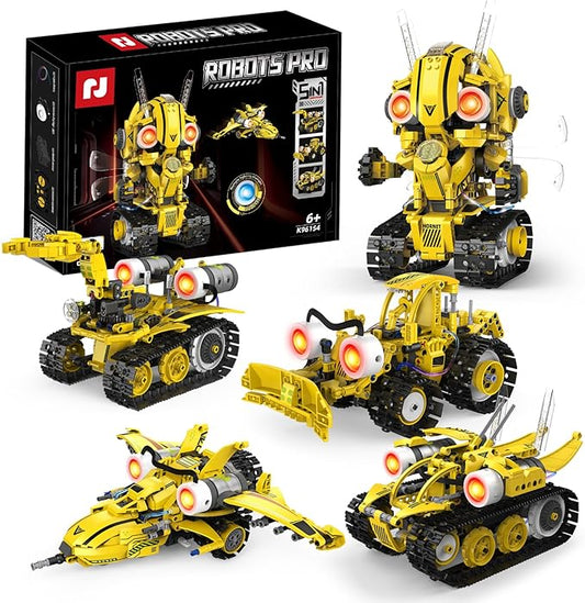 STEM Building Toys for Kids 6-14，5-in-1 Remote & App Controlled Construction Bumblebee Warrior/Powerful Iron Hand/Bulldozer/Hornet Jet/Tracked Vehicle，673 Pcs Building Blocks Set for Boys Girls