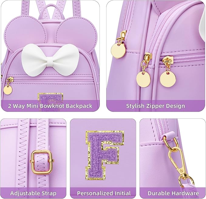 KKXIU Girls Initial Bowknot Cute Mini Backpack for Toddler, Travel Small Girl Backpacks, Personalized Trendy Stuff Gift for Little Girls and Kids(F, Purple)