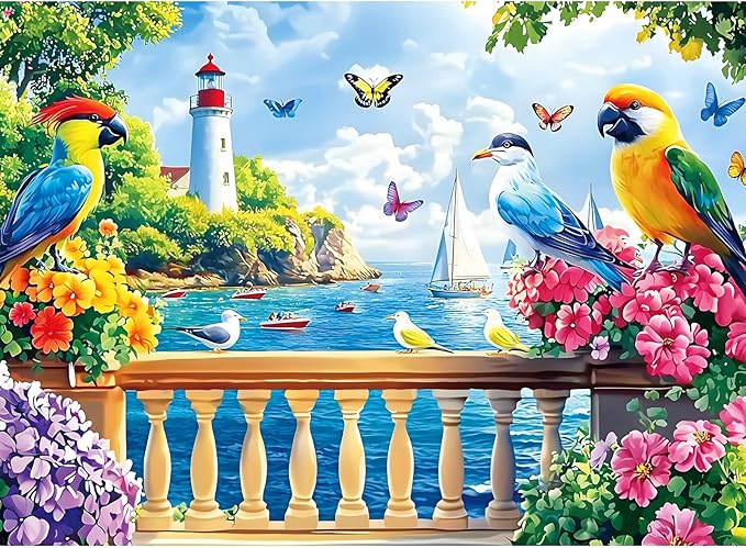 300 Pieces Puzzles for Adults,Birds & Flowers Puzzle,300 Pieces Puzzle for Adult Large Piece,Coastal Lighthouse Jigsaw Puzzle for Kids Ages 8-10,Challenging Family Game,Holiday Party Gift,20.5 x 15 In