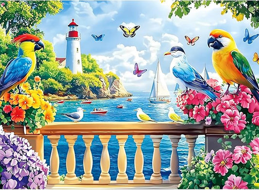 300 Pieces Puzzles for Adults,Birds & Flowers Puzzle,300 Pieces Puzzle for Adult Large Piece,Coastal Lighthouse Jigsaw Puzzle for Kids Ages 8-10,Challenging Family Game,Holiday Party Gift,20.5 x 15 In