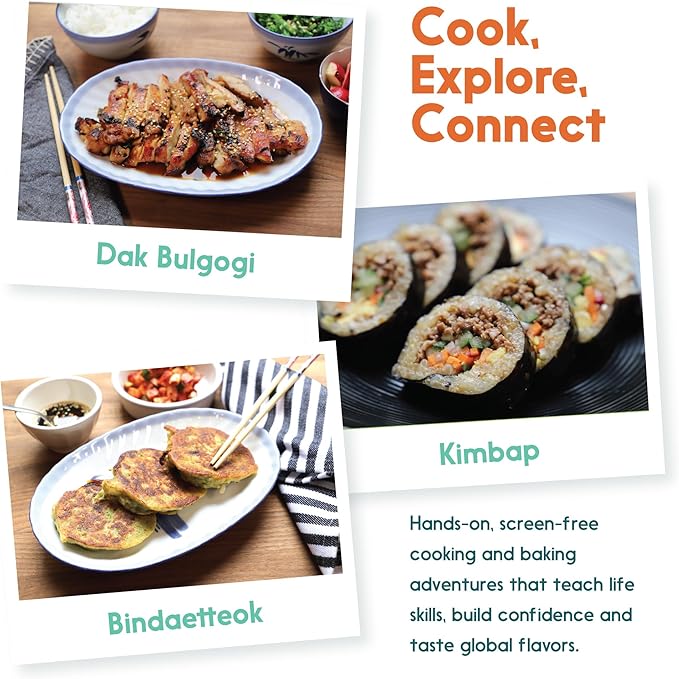 eat2explore Cooking Kits for Kids - Interactive & Educational Set with 3 Recipe Cards, Key Ingredients & Cooking Tools - Ideal Idea for Kids who Love to Create Meals (South Korea Edition)