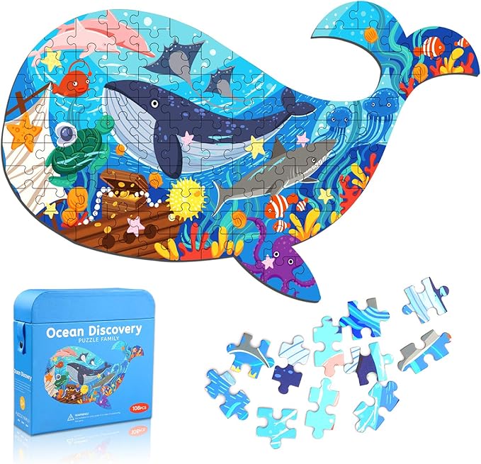 Jigsaw Puzzles for Kids Ages 4-8, 108 Pieces Whale Shaped Cardboard Puzzles for Animal Lovers, Sturdy Floor Puzzles Box and Poster, Educational Toys Gift for Boys Girls, 23.38 x 14.72 Inch