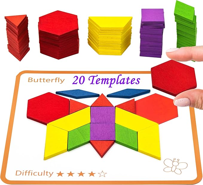 Activities for Dementia Patients, 80 Pieces Wooden Tangrams Puzzle Game for Seniors, Colorful Shape Pattern Alzheimers Products for Elderly, Tile Matching Board Memory Cognitive Gifts