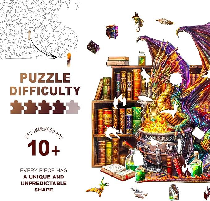 Wooden Puzzles for Adults -Dragon Magic Potion Wooden Jigsaw Puzzle, Unique Animal Shaped Wood Puzzles Adult, Christmas Birthday Gifts for Friends/Family, Home Decor 13.4 * 12.8in 300pcs
