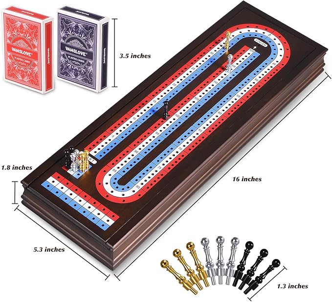 VAMSLOVE 16'' Cribbage Board Game Set Wooden 3-Track Scoreboard with Large Slots for Storing 2 Playing Cards and 9 Metal Pegs, Travel Family Game Night (Instruction Included)