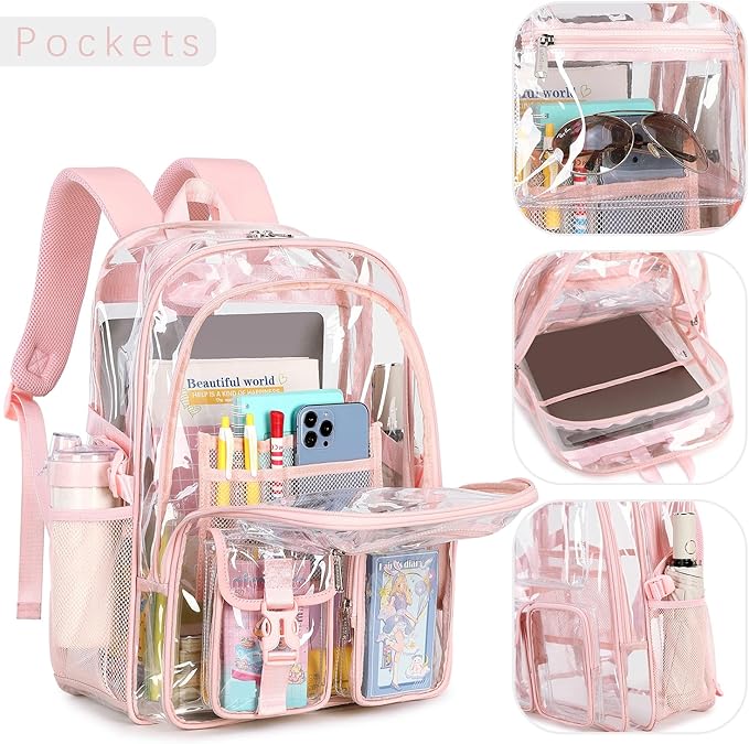 abshoo Large Clear Backpack For Girls Women School Bookbag Heavy Duty Transparent Backpack (Pink)