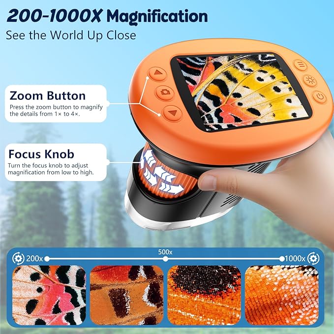 1000X Handheld Microscope for Kids, 4K 2.4" Screen Digital Kids Microscopes with 12 Slides, Portable Edu Toys Gifts for Age 3 4 5 6 7 8 9 10 11 12 Year Old Boys Girls Children Students(Orange)