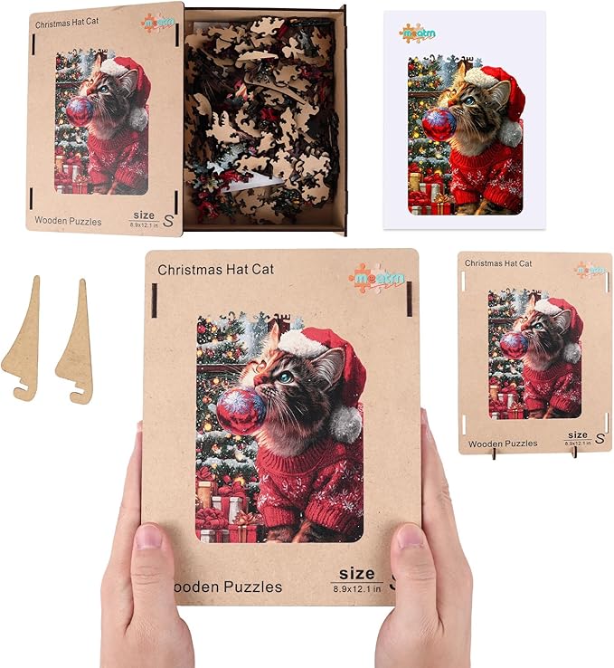 Christmas Hat Cat Jigsaw Puzzles - 200 Pcs Handmade Wooden Puzzle with Unique Shapes, Stress Relief & Educational Fun, Family Game Night 8.9×12.1 Inch, Best Gift for Friends