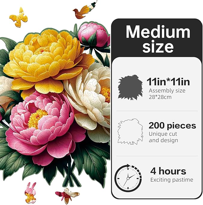 Wooden Puzzle, Multi-Color Peony Flower, Adult Wooden Puzzle, Colorful Wood Carving Puzzle Designed for Family and Friends, 11 * 11 inches, 200 Pieces (Medium)