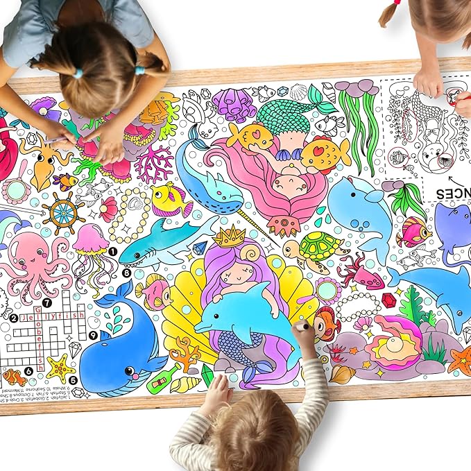 Gatherfun Mermaid Party Giant Coloring Poster - 31.5X 72 Inches - Versatile Classroom Wall Décor & Birthday Activity - Mermaid Poster or Table Cover for School Parties and Special Events