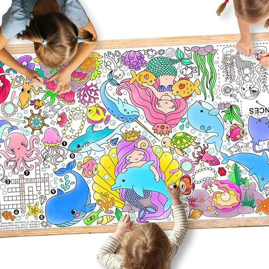 Gatherfun Mermaid Party Giant Coloring Poster - 31.5X 72 Inches - Versatile Classroom Wall Décor & Birthday Activity - Mermaid Poster or Table Cover for School Parties and Special Events