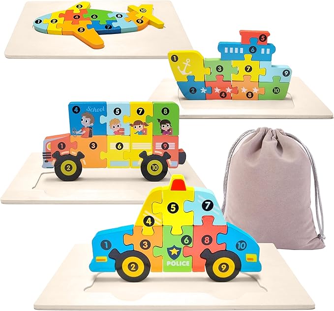 4-Pack Wooden Vehicle Puzzles for Kids Ages 3-5, Ideal Gift for Toddlers