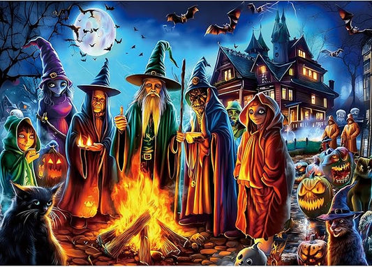 Halloween 1000 Piece Jigsaw Puzzle for Adults Witches' Spooky Bonfire Night Scene with Haunted House Bats Black Cats Pumpkins Scary Horror Ghosts Gothic Challenging Puzzle for Game Night (27.6"x19.7")