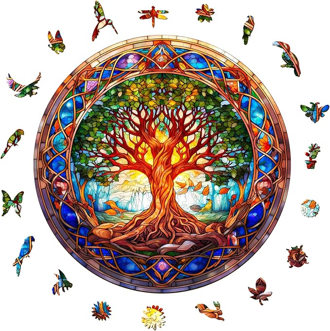 Wooden Puzzles for Adults - Stained Glass Tree of Life Wooden Puzzles - Unique Shaped Wooden Jigsaw Puzzles - 100 Pieces Plant Puzzles - Home Decoration (S-8.5 * 8.5in)