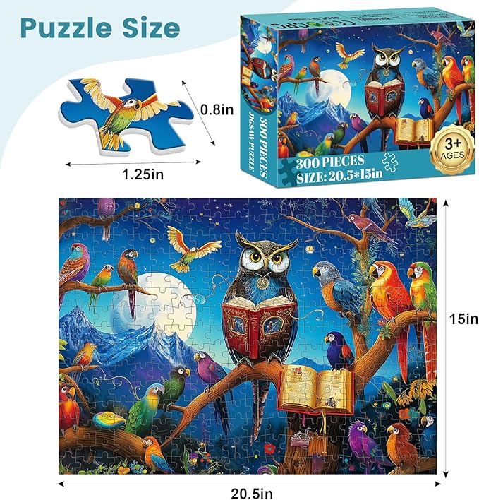 300 Pieces Owl Puzzle for Adults, Parrot Jigsaw Puzzle 300 Pieces Recycled Cardboard Jigsaw Puzzles for Adults, Family Challenging Game Home Decor Gift Toy for Teens Kids Seniors 20.5×15 in