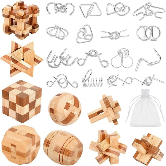 25 Pcs Wooden Brain Teaser Puzzles Metal Wire Puzzle Set, 3D Unlock Interlock Game IQ Test Toy Mind Game Toys Brain Teaser Toy Puzzle for Adults