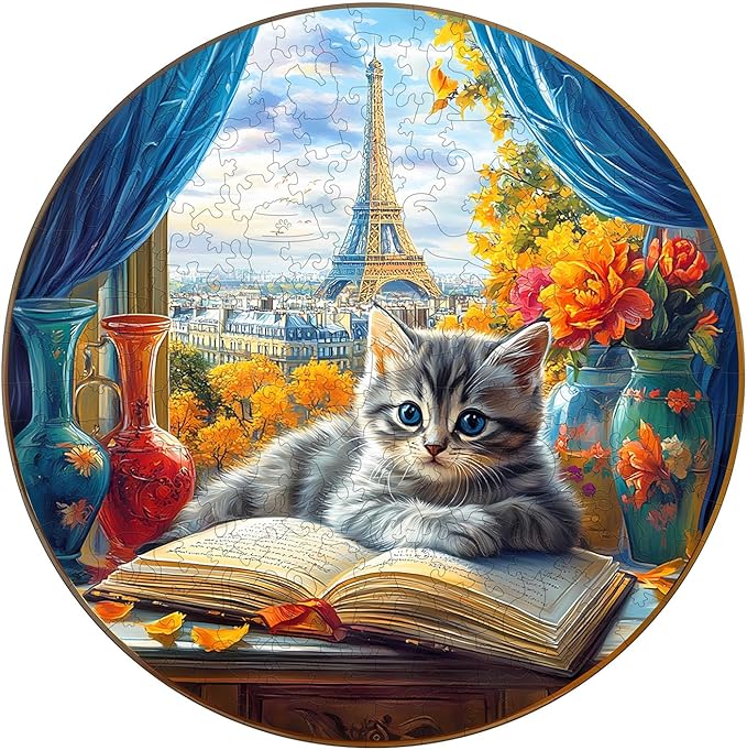 KAAYEE Wooden Puzzles for Adults, 3D Visual Effect Paris and Cat Wooden Jigsaw Puzzle Unique Shape Wood Puzzle Adult, 3D Effect Flat Puzzle Birthday Family Games (M-11.4 * 11.4 in-200pcs)