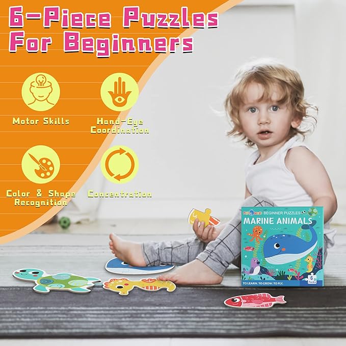 FLYINGSEEDS 6 Packs Marine Animals Shaped Wooden Jigsaw Puzzles, Beginner Puzzles for Toddlers, Montessori Learning Toys Preschool Educational Activity for Kids Ages 3 4 5 with Pattern Blocks