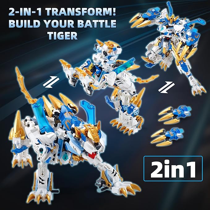 White Tiger 2 in 1 Mech Building Blocks kit Transform Action Figure Toys, Animals Transforming Robot Building Set, STEM for Adults Kids Boys Ages 8 10 12 14 (White Tiger)