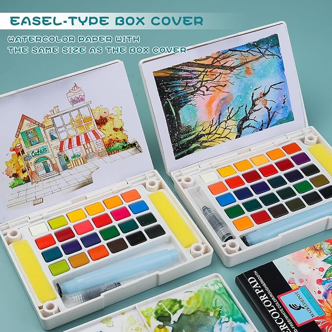 Graspable Watercolor Paint Set,Vivid Colors Painting Set Travel Paint Set Watercolor Sketching Kit with Water Pen,24 Sheets Watercolor Papers,3 Tutorial Video-24Colors