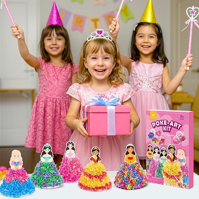 PP OPOUNT Poke Art Kits for Girls, 5 pcs 3D Magical Princess & 5 Bags Kids Paper Craft Kits, DIY Wood Craft Kit, Mess-Free Creative Activity Art and Crafts, Birthday Christmas Gift for Girls Ages 4-8