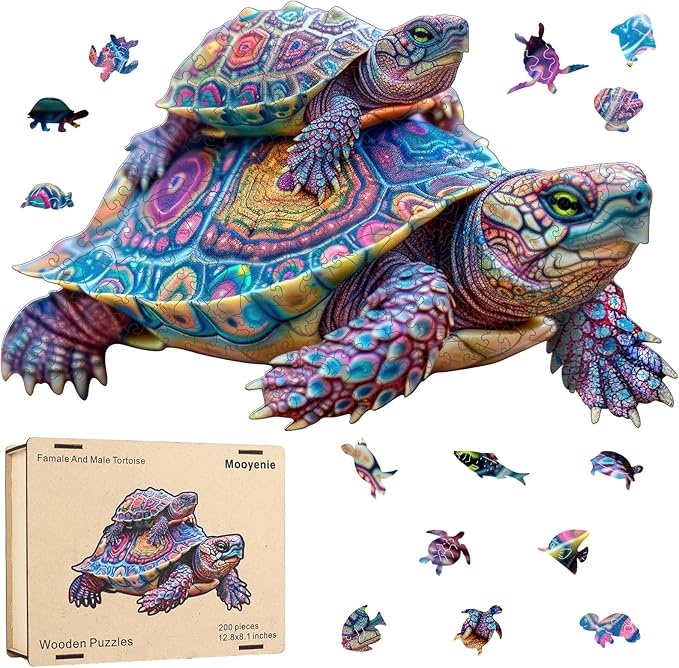 Wooden Jigsaw Puzzle, 200 Pcs Unique 3D Shape Jigsaw Puzzles, Wood Puzzle Gift Box Packing, Medium Size Letter, Creative Gift for Adults and Kids, Fun Challenging (200PCS, Turtle)