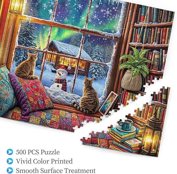 Winter Reading Nook 500 Piece Jigsaw Puzzle Winter Puzzles 500 Pieces Funny Cat Puzzle Puzzles for Indoor Cats for Adults Challenging Puzzle Perfect for Game Nights
