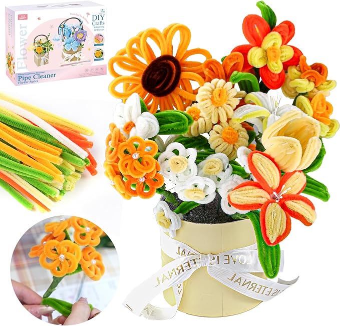 Pipe Cleaners Craft, Multi-Colored Pipe Cleaners Kit, Chenille Stems for DIY Flower Making Kit with Floral Wires, Come with Flower Base, Ideas for Party & Home Decor (A15)