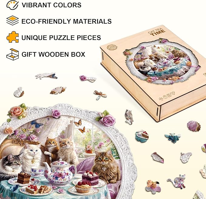 Jigfoxy Wooden Puzzles for Adults, Cat’s Tea Time Wood Puzzles Adult, Unique Animal Shape Wooden Jigsaw Puzzles for Adults, Birthday Gifts for Puzzle Lovers, Family, Friend (M-11.4 * 11.4in-195pcs)