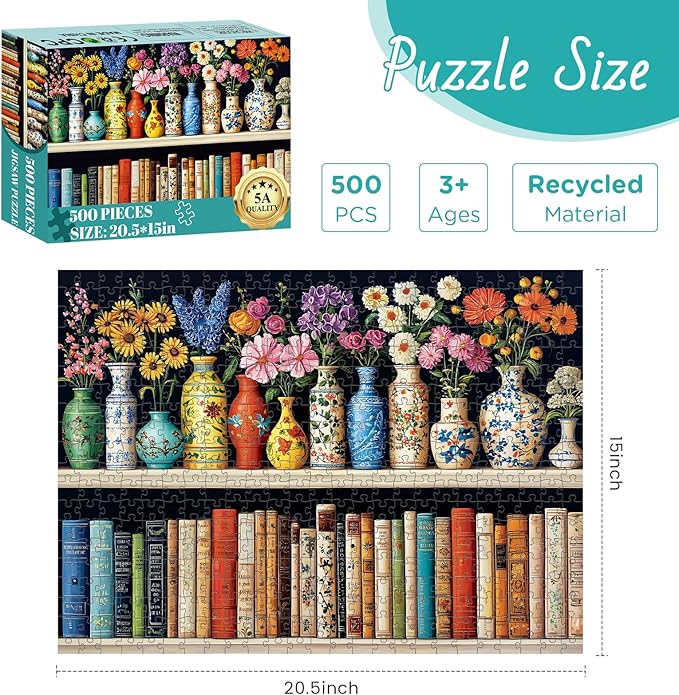 500 Piece Puzzle for Adults Puzzle, Beautiful Bookshelf Jigsaw Puzzle 500 Pieces, Flowers and Vase Jigsaw Puzzles for Adults Seniors, Fun Decor Challenging Family Games Holiday Party Gifts 20.5×15 in