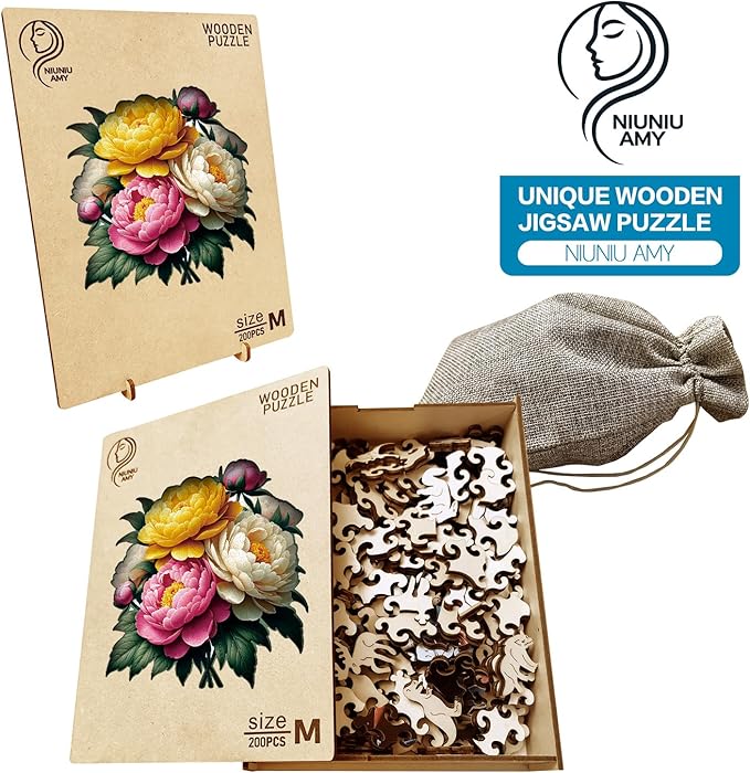 Wooden Puzzle, Multi-Color Peony Flower, Adult Wooden Puzzle, Colorful Wood Carving Puzzle Designed for Family and Friends, 11 * 11 inches, 200 Pieces (Medium)