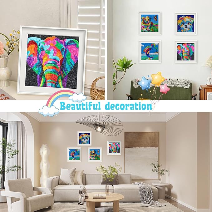 Libfx Diamond Art Kits for Kids 4 PCS Diamond Art for Girls Boys Beginners Arts and Crafts for Kids Ages 8-12 (Elephant Dolphin dog-09)