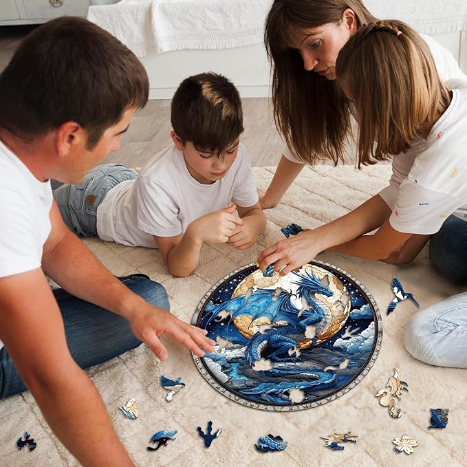 Wooden Puzzles for Adults - Moonlight Blue Dragon Wooden Jigsaw Puzzle, Unique Animal Shaped Wood Puzzles Adult, Christmas Birthday Gifts for Friends/Family, Home Decor 11.4 * 11.4in 200pcs