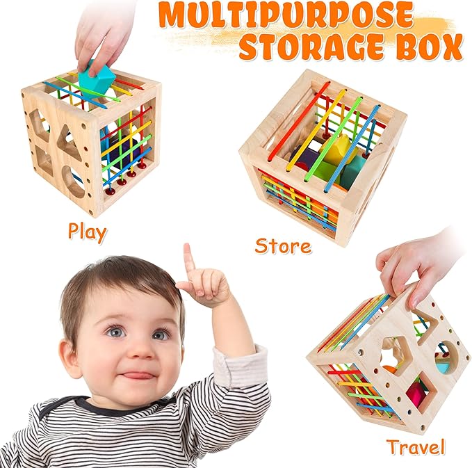 Montessori Toys for 1+ Year Old, Wooden Sorter Cube with 8pcs Rattling Shapes, Developmental Learning Toy Gifts for Baby Toddler Boys Girls, Gift Packaging