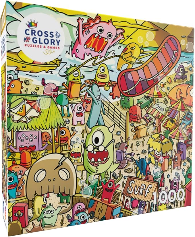 Cross & Glory - Surf 'n' Scream Beach Party - 1000 Piece Jigsaw Puzzle for Adults & Kids 12+ | Whimsical Monsters | Vibrant Beach Scene | Satin Finish | Challenging & Colorful Fun