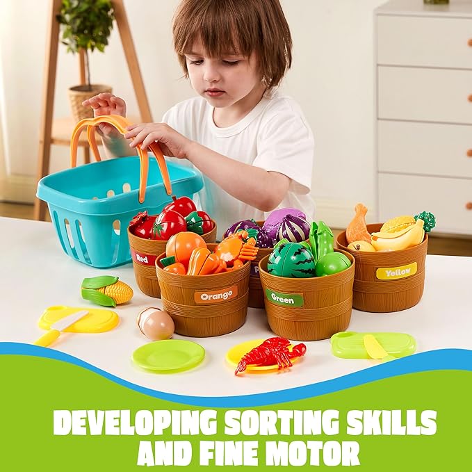 JOYIN Learning Toys Play Food Set for Toddlers, Cutting Food for Preschool Activities, Pretend Play Kitchen Accessories for Kids, Color Sorting Set for Boys & Girls, Daycare Educational Toy