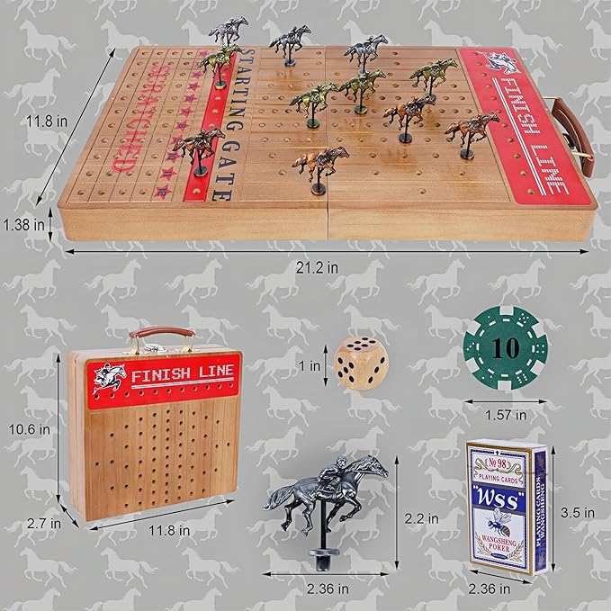 Glintoper Large 21" Horse Racing Game for Adults Family, Horse Race Board Games with 11 Luxury Metal Horses, Foldable Wood Board with 2 Dices 2 Boxes of Cards 40 Poker Chips Finish Line for Parties