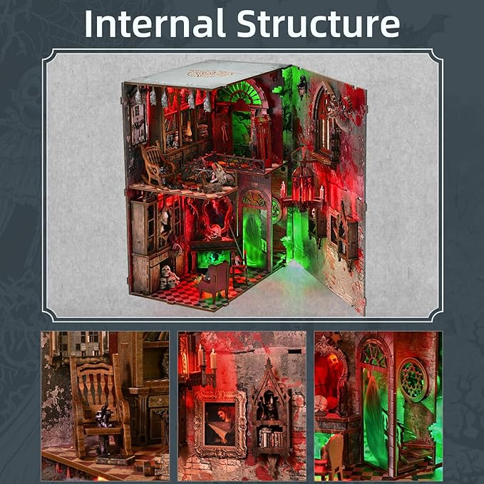 Haunted Mansion Book Nook Kit, Halloween DIY Miniature Dollhouse Kit, Miniature House Kit for Adults and Teens, Horror 3D Wooden Puzzle Bookend Bookshelf Insert Decor with LED Light