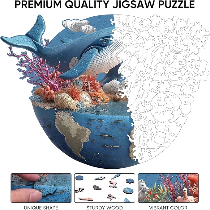 Dolphin Earth Wooden Puzzles, 209 Pieces Jigsaw Puzzles 12.2 x9.1 inch, Unique Design Wooden Puzzles for Adults and Kids, Family Game Gift