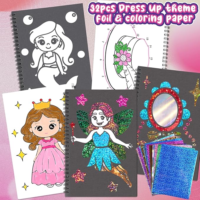 Foil Craft Dress Up DIY Fun Kits, No Mess Creative Foil Art Kits Set Drawing Game for Kids, Birthday Gifts Crafts Supplies Travel Toys for Girls & Boys Ages 4-9