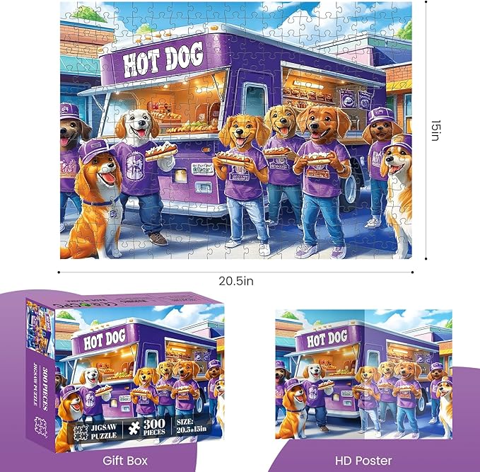 300 Piece Puzzles for Adults, Hot Dog Truck with Dogs Puzzles for Adults, Adorable Dogs and Hot Dog Truck 300 Piece Jigsaw Puzzle, Ideal Home Decor Gift for Adults Kids Seniors, 20.5×15 in