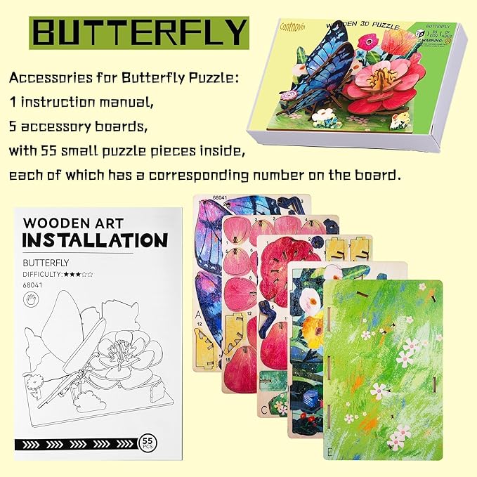 3D Wooden Puzzle for Adults, Teens and Kids - Contnovin 3D Butterfly Puzzle，55 Pieces DIY Model Building Kit, Creative Craft Decor, Relaxing Desktop Ornament, Unique Gift for Birthday and Christmas