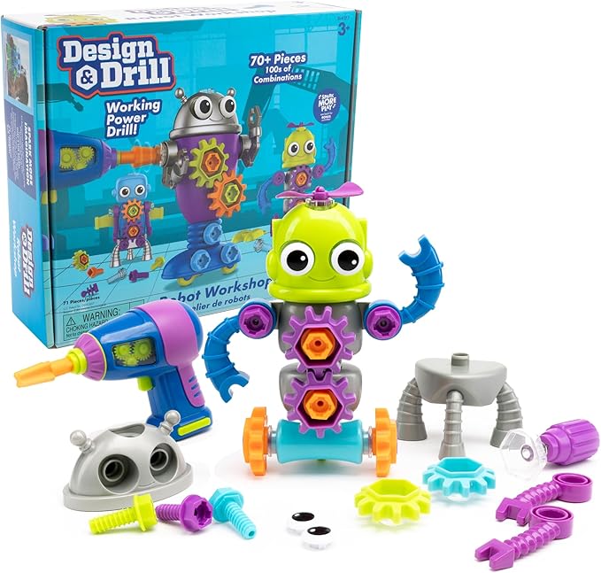 Educational Insights Design & Drill Robot Workshop - Construction Toys & Tools for Kids, Robot Toy Building Sets, Kids' Tool Set with Real Electric Drill Toy, Take Apart STEM Set, Gifts for Ages 3+