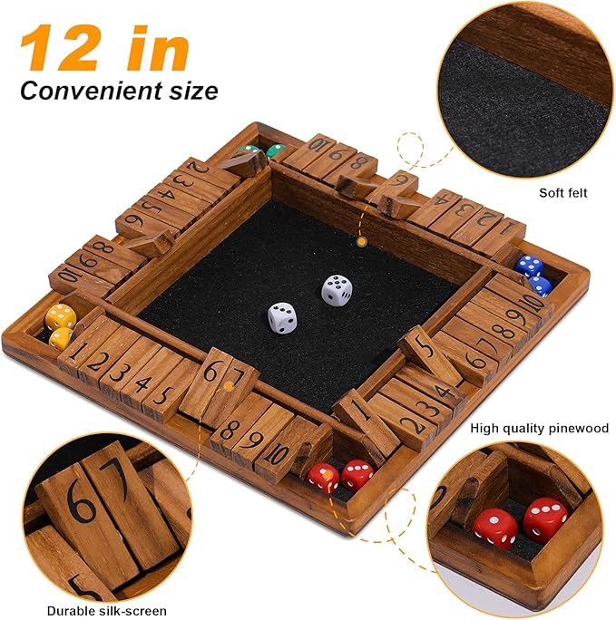 Shut The Box Game Wooden for 1-4 Players，Educational & Fun Wooden Board Game with 10 Dice and Shut-The-Box Instructions for Kids & Family, Pub Dice Game for Adults. (12 Inches)