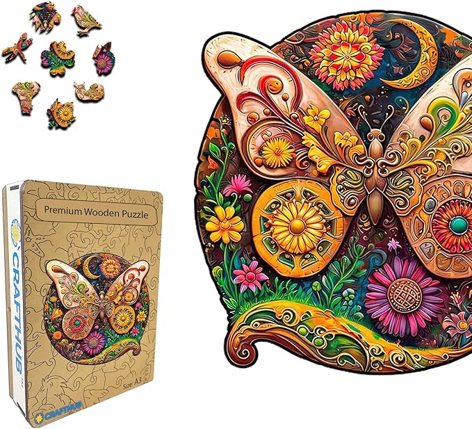 CRAFTHUB Animal Wooden Puzzles for Adults – A3 Baroque Butterfly with 177 Pieces Wood Puzzles – Jigsaw Puzzles with Unique Animal Shapes – 10.8" x 10.9"
